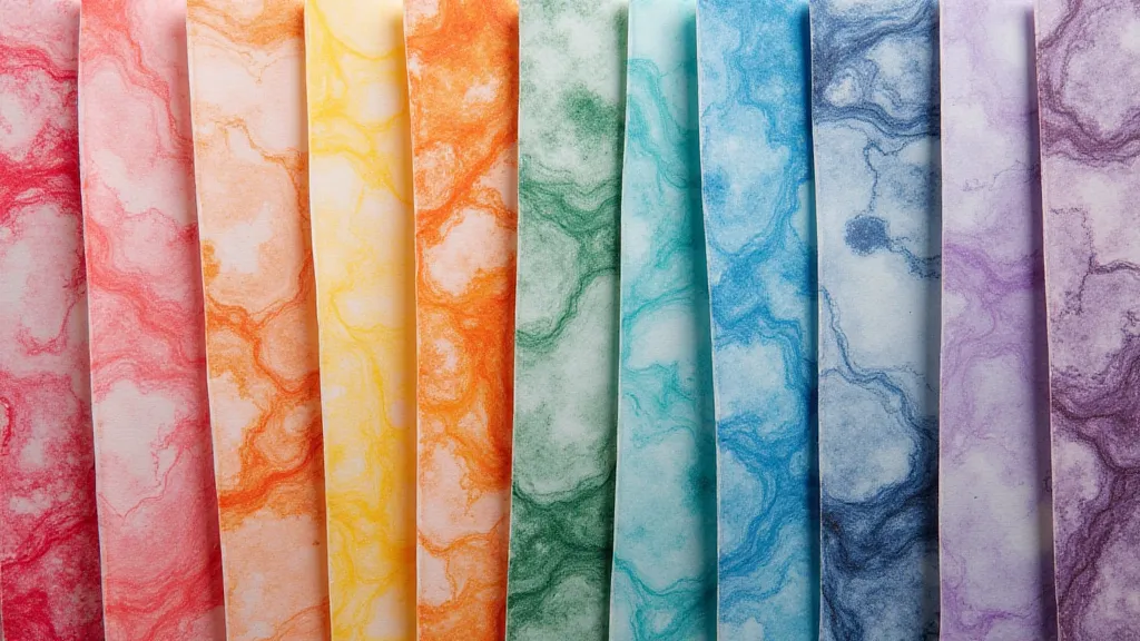 Various marbled paper sheets with colorful swirls.