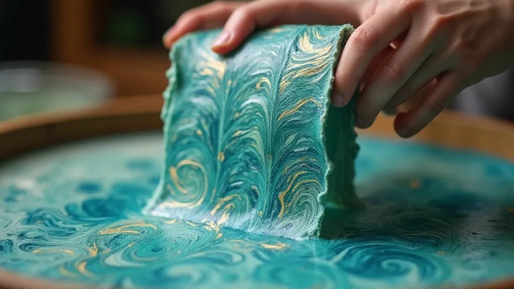 Lifting marbled paper from water