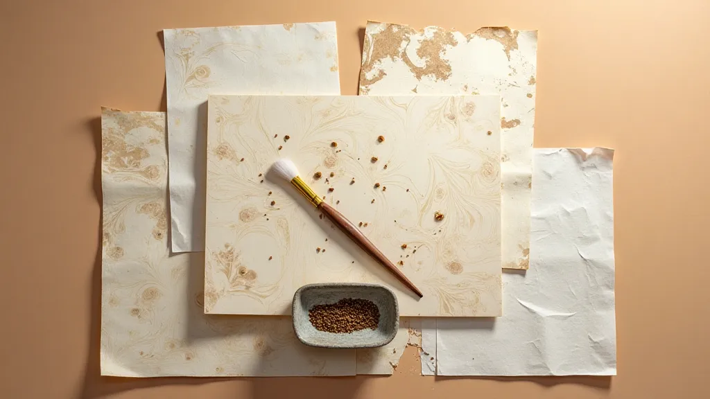 Still life of marbling supplies and paper
