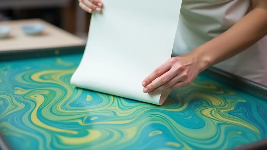 Paper being laid on a marbling tray