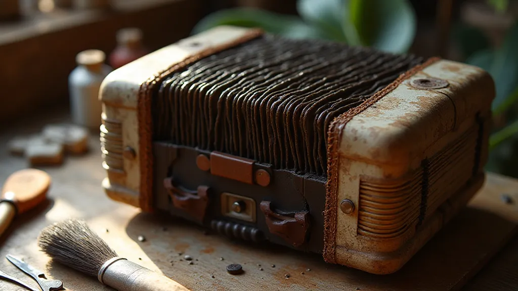 Vintage accordion with repair tools